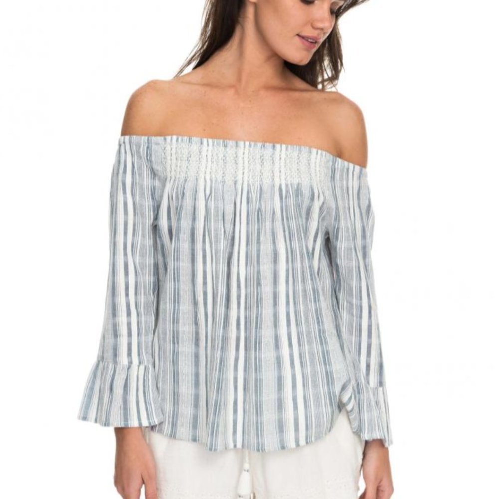 Womens Roxy Moon Light Blue & White Striped Off The Shoulder Top | Size S